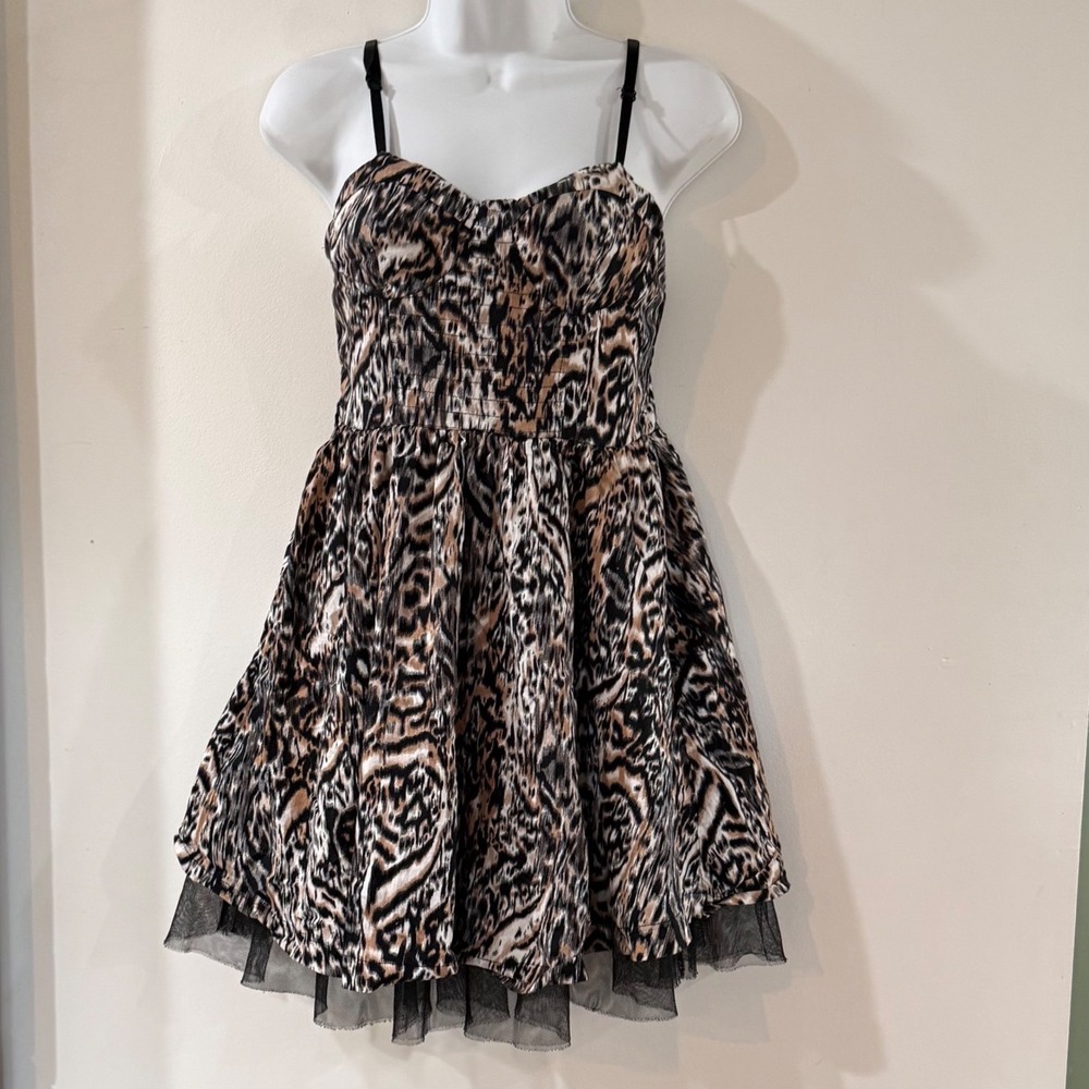 Y2K Leopard Print Babydoll Dress Tulle Coquette Party Mini Dress Indie Grunge